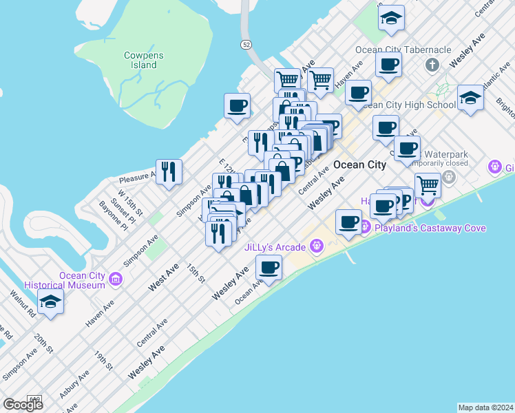 map of restaurants, bars, coffee shops, grocery stores, and more near 1204 Asbury Avenue in Ocean City