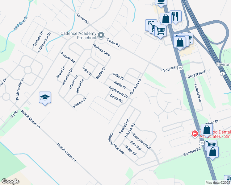 map of restaurants, bars, coffee shops, grocery stores, and more near 919 Appleberry Drive in Smyrna