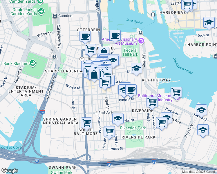 map of restaurants, bars, coffee shops, grocery stores, and more near 1211 Light Street in Baltimore