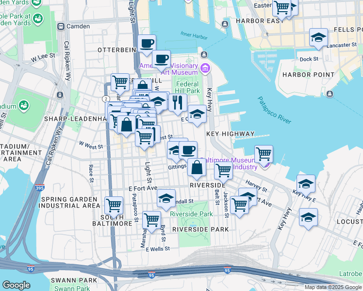 map of restaurants, bars, coffee shops, grocery stores, and more near 1232 Riverside Avenue in Baltimore