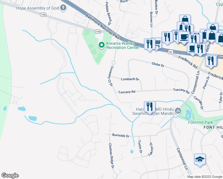 map of restaurants, bars, coffee shops, grocery stores, and more near 3418 Coventry Court Drive in Ellicott City