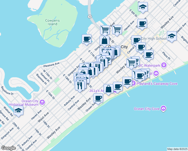 map of restaurants, bars, coffee shops, grocery stores, and more near 1204 Asbury Avenue in Ocean City