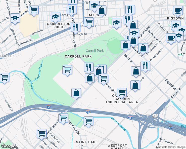 map of restaurants, bars, coffee shops, grocery stores, and more near 1000 South Monroe Street in Baltimore