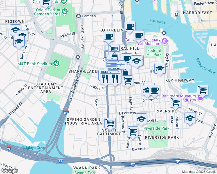 map of restaurants, bars, coffee shops, grocery stores, and more near 20 W West St in Baltimore