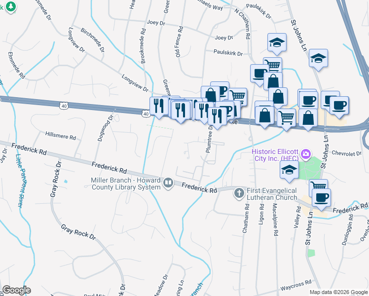 map of restaurants, bars, coffee shops, grocery stores, and more near 3504 Split Rail Lane in Ellicott City