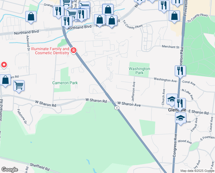 map of restaurants, bars, coffee shops, grocery stores, and more near 11050 Springfield Pike in Cincinnati