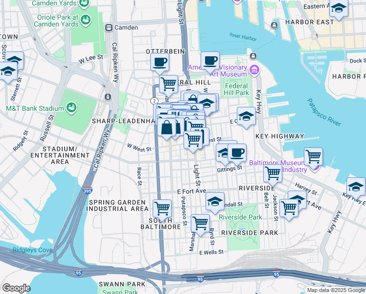 map of restaurants, bars, coffee shops, grocery stores, and more near in Baltimore