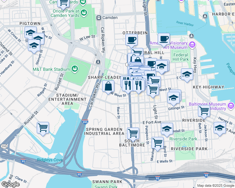 map of restaurants, bars, coffee shops, grocery stores, and more near 101 West Cross Street in Baltimore