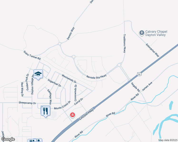 map of restaurants, bars, coffee shops, grocery stores, and more near Sutro Tunnel Road in Dayton