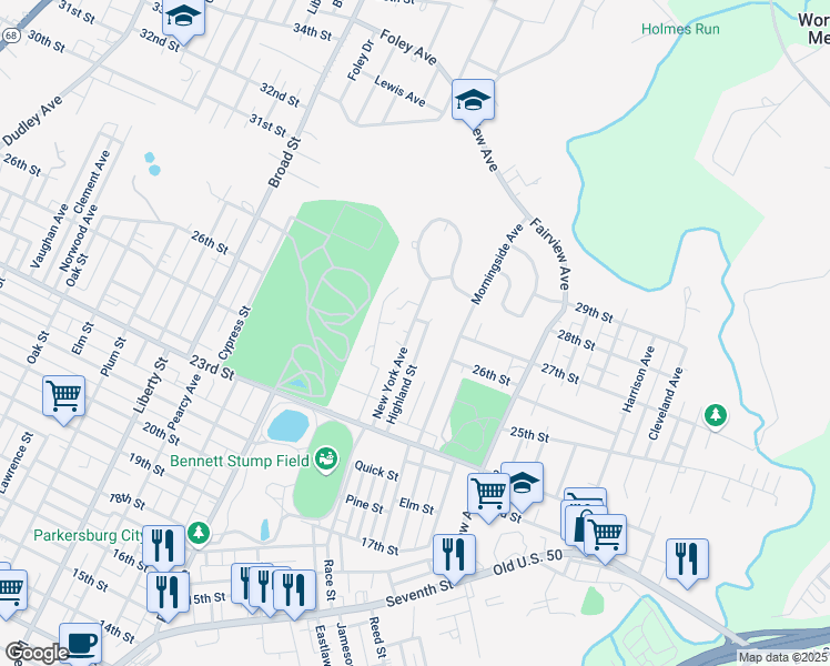map of restaurants, bars, coffee shops, grocery stores, and more near 2215 Brooklyn Court in Parkersburg