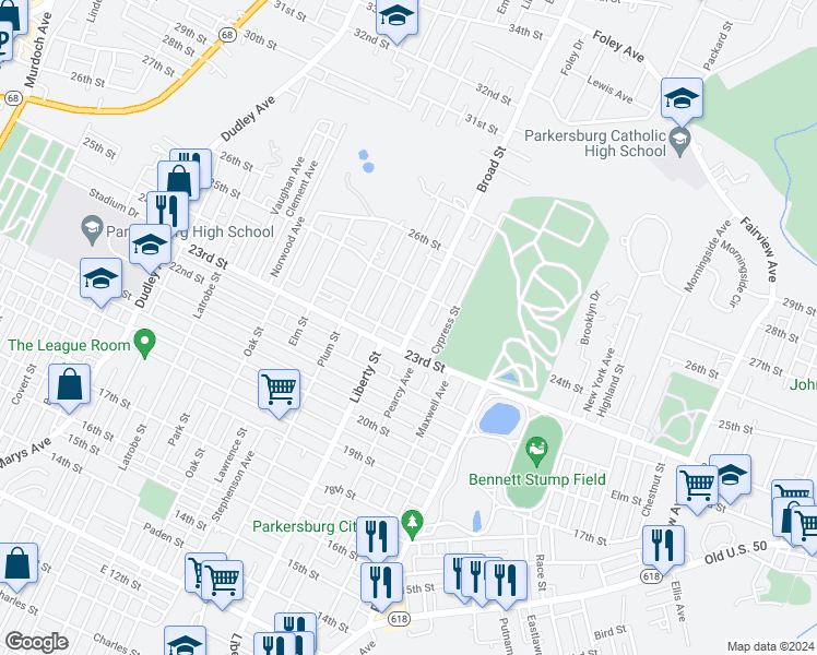 map of restaurants, bars, coffee shops, grocery stores, and more near 2323 Broad Street in Parkersburg