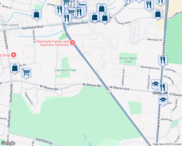 map of restaurants, bars, coffee shops, grocery stores, and more near 11111 Springfield Pike in Cincinnati