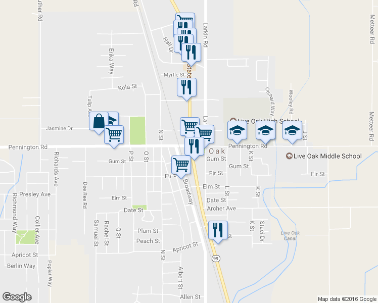map of restaurants, bars, coffee shops, grocery stores, and more near 2578 Pennington Road in Live Oak