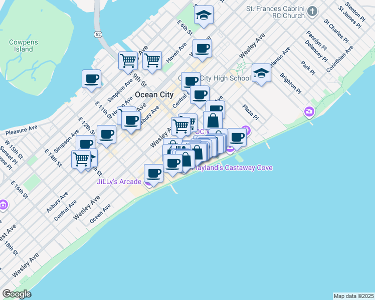 map of restaurants, bars, coffee shops, grocery stores, and more near 935 Ocean Avenue in Ocean City