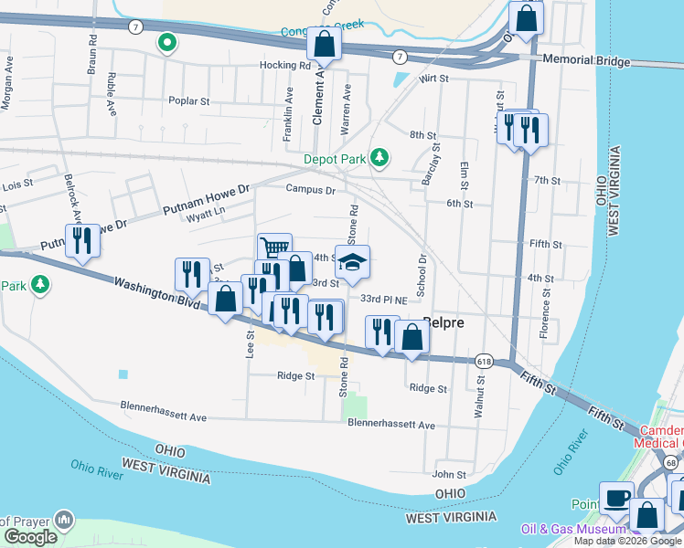 map of restaurants, bars, coffee shops, grocery stores, and more near 307 Stone Road in Belpre