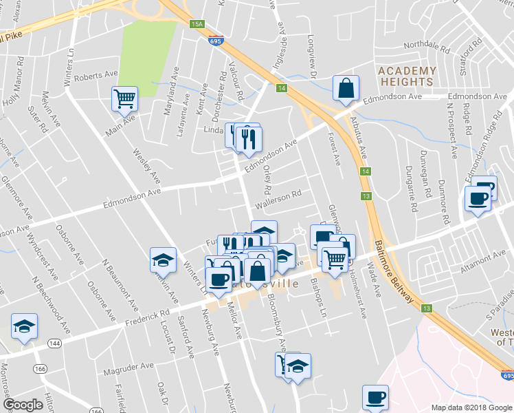 map of restaurants, bars, coffee shops, grocery stores, and more near 300 Ingleside Avenue in Catonsville