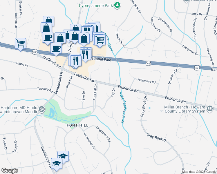 map of restaurants, bars, coffee shops, grocery stores, and more near 9905 Frederick Road in Ellicott City