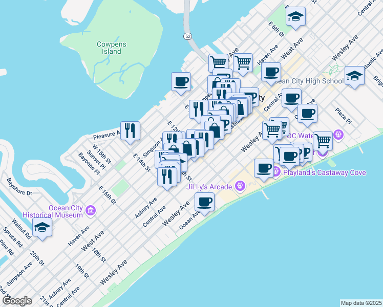 map of restaurants, bars, coffee shops, grocery stores, and more near 1209 West Avenue in Ocean City