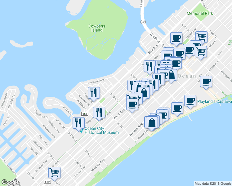 map of restaurants, bars, coffee shops, grocery stores, and more near 1359 Bay Avenue in Ocean City