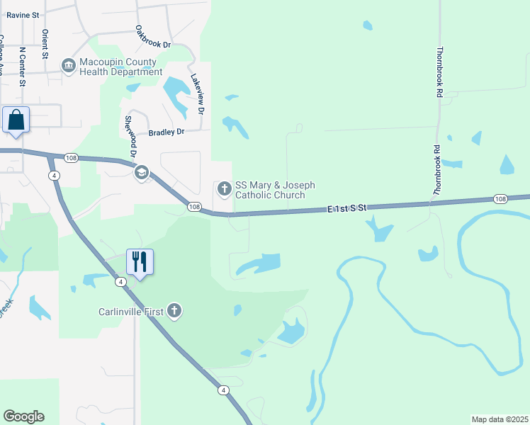 map of restaurants, bars, coffee shops, grocery stores, and more near 15574 Illinois 108 in Carlinville