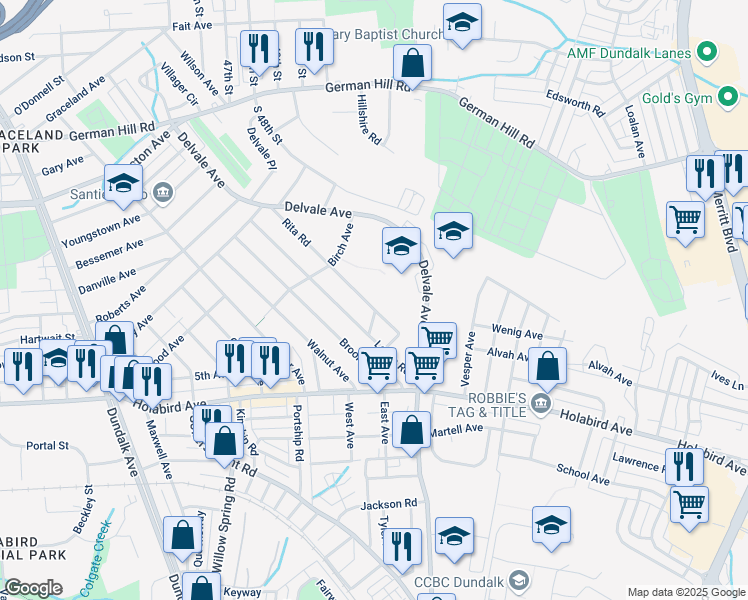 map of restaurants, bars, coffee shops, grocery stores, and more near 1717 Rita Road in Dundalk