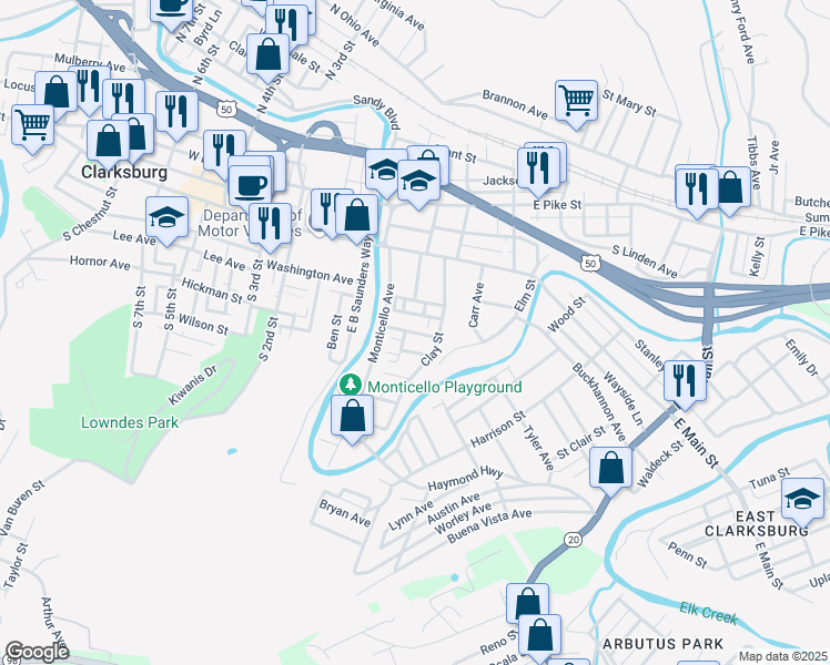 map of restaurants, bars, coffee shops, grocery stores, and more near 136 Thompson Street in Clarksburg