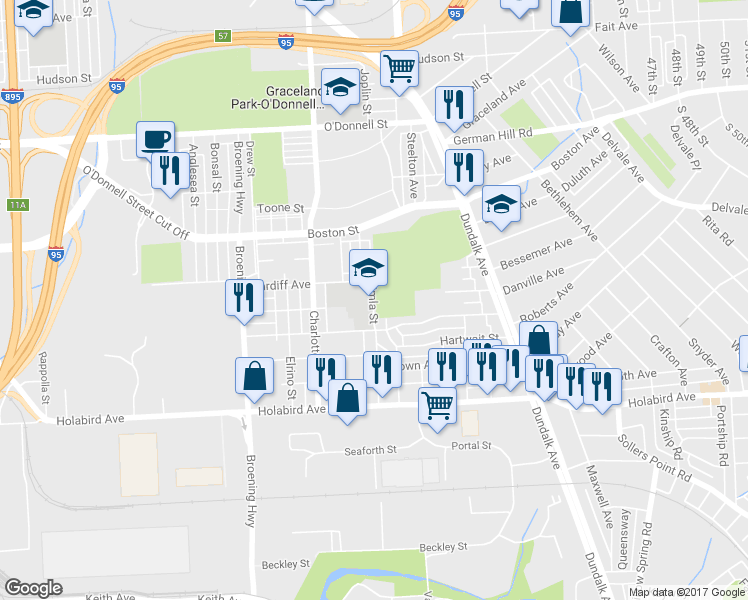 map of restaurants, bars, coffee shops, grocery stores, and more near 1549 Imla Street in Baltimore