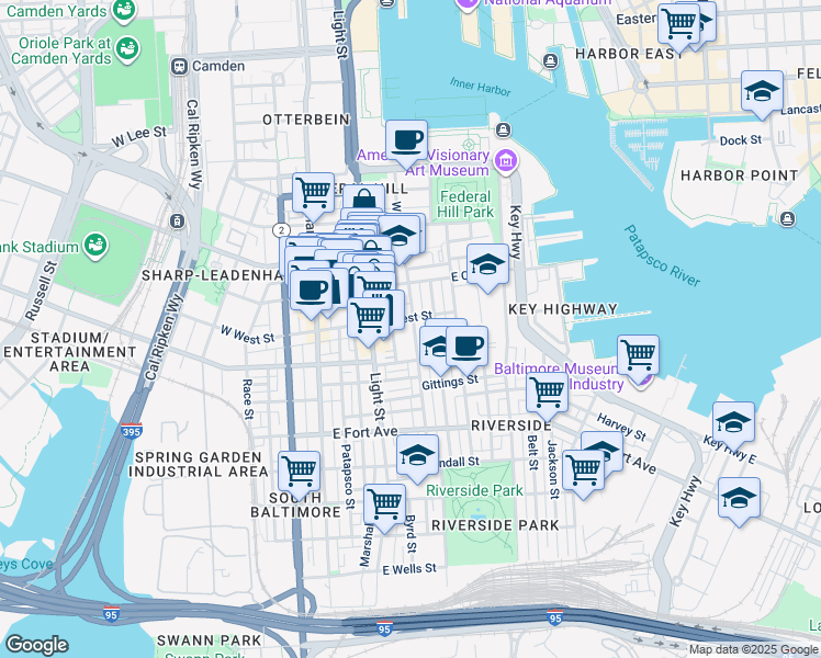 map of restaurants, bars, coffee shops, grocery stores, and more near 1206 William Street in Baltimore