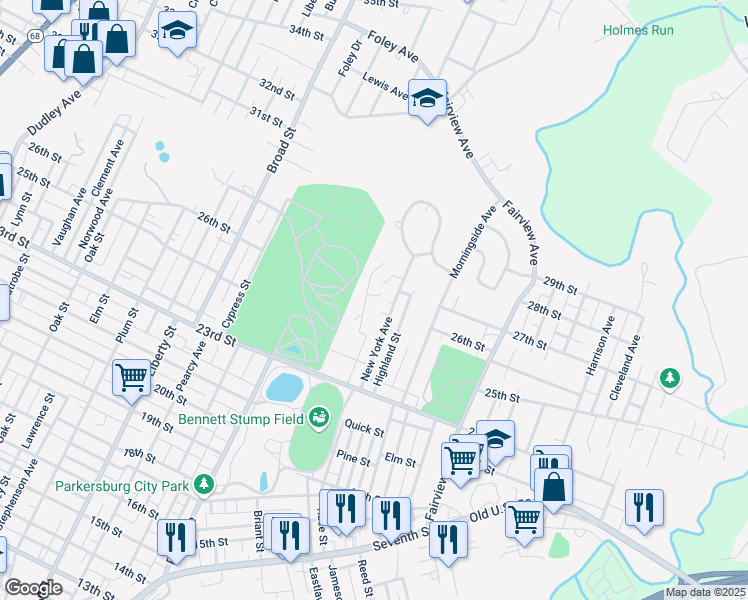 map of restaurants, bars, coffee shops, grocery stores, and more near 2215 Brooklyn Court in Parkersburg