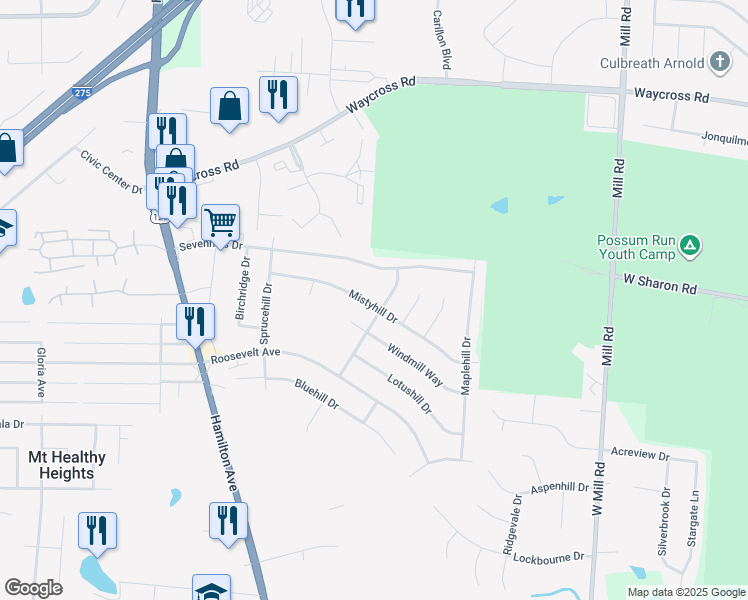 map of restaurants, bars, coffee shops, grocery stores, and more near 2008 Mistyhill Drive in Cincinnati