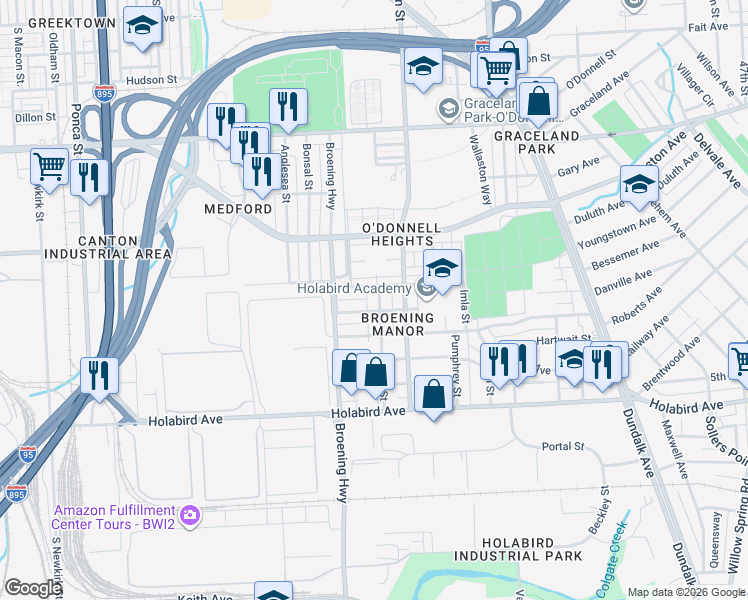 map of restaurants, bars, coffee shops, grocery stores, and more near 1518 Elrino Street in Baltimore