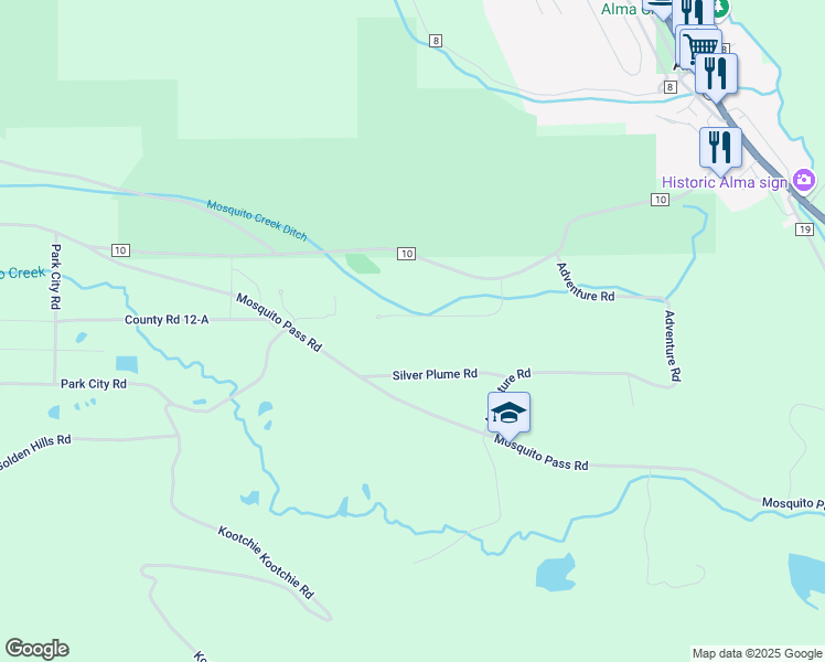 map of restaurants, bars, coffee shops, grocery stores, and more near 232 Gold Run Road in Fairplay