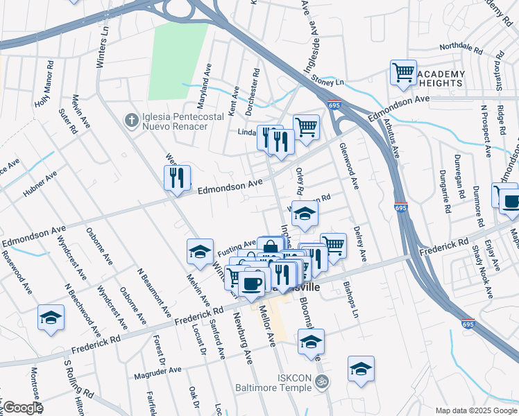 map of restaurants, bars, coffee shops, grocery stores, and more near 6 Oak Grove Avenue in Catonsville
