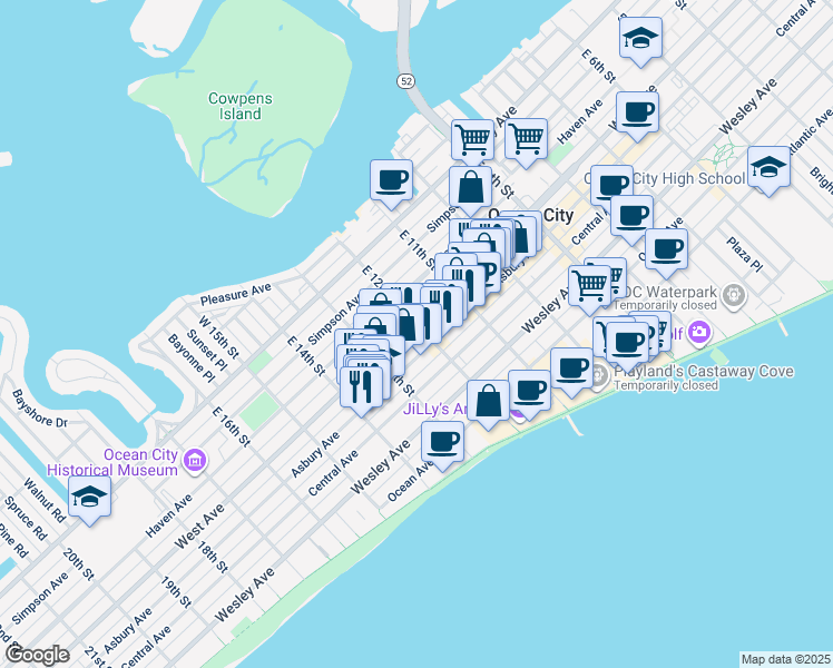 map of restaurants, bars, coffee shops, grocery stores, and more near 1209 West Avenue in Ocean City