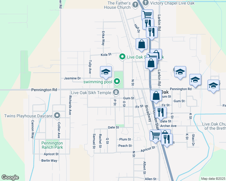 map of restaurants, bars, coffee shops, grocery stores, and more near 2852 Pennington Road in Live Oak