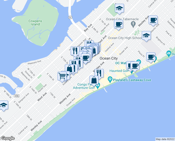 map of restaurants, bars, coffee shops, grocery stores, and more near 1101 Central Avenue in Ocean City