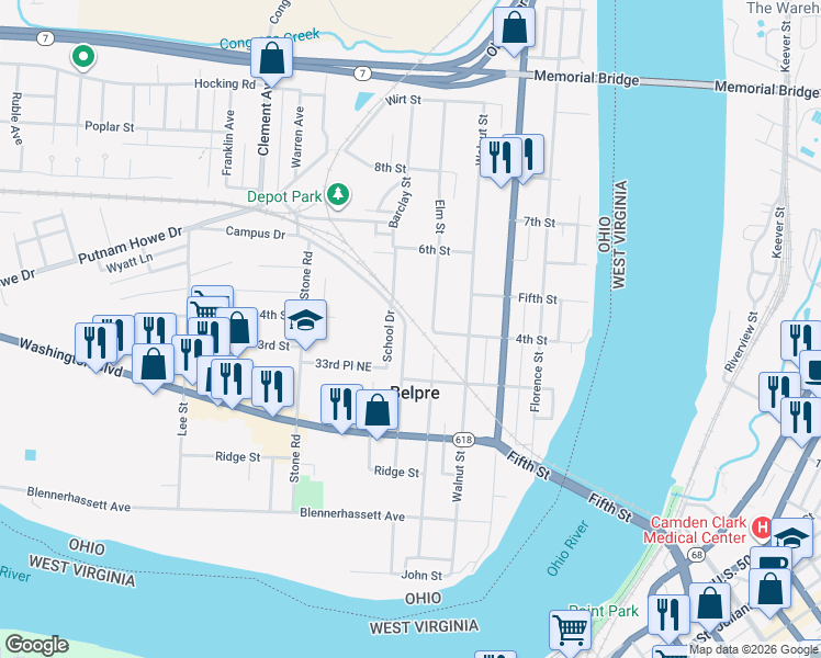 map of restaurants, bars, coffee shops, grocery stores, and more near 322 Maple Street in Belpre