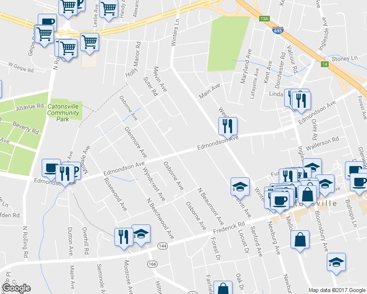 map of restaurants, bars, coffee shops, grocery stores, and more near 1008 Edmondson Avenue in Catonsville