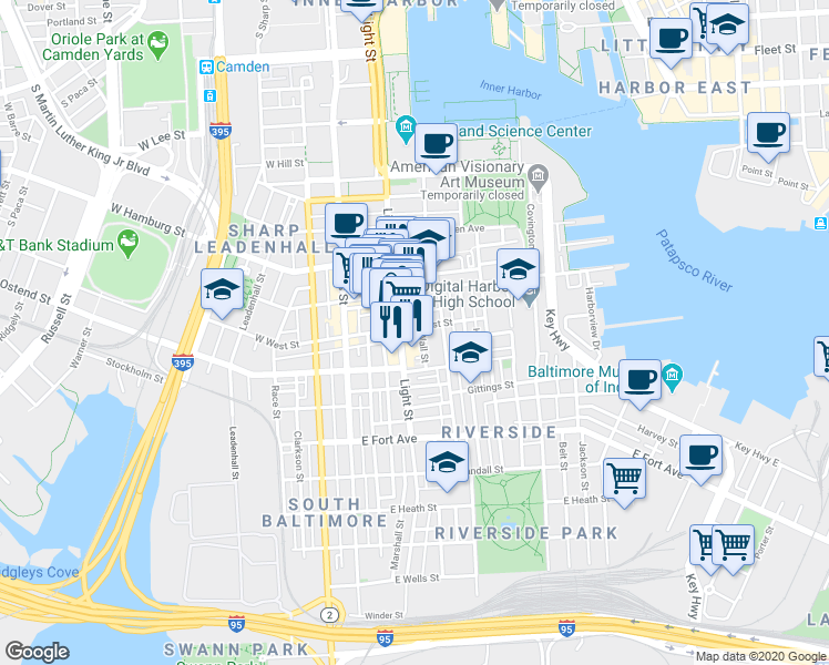 map of restaurants, bars, coffee shops, grocery stores, and more near 109 East West Street in Baltimore
