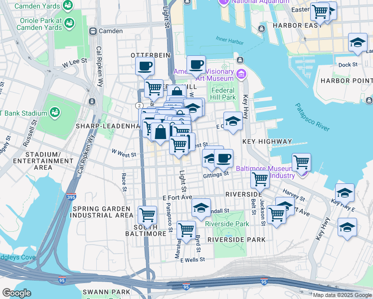 map of restaurants, bars, coffee shops, grocery stores, and more near William Street in Baltimore