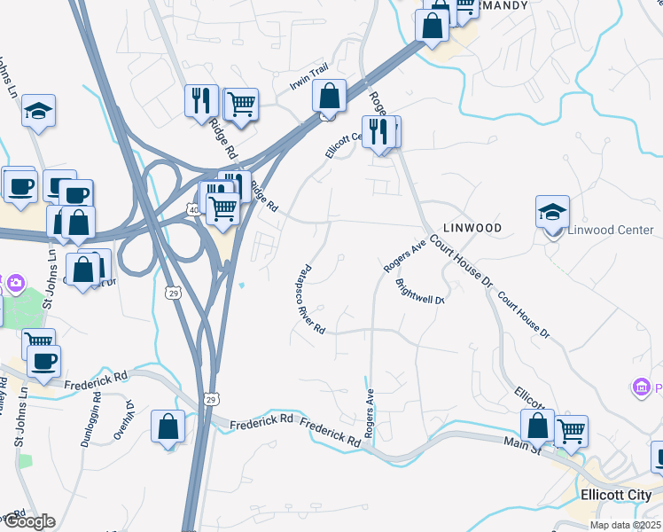 map of restaurants, bars, coffee shops, grocery stores, and more near 3427 Orange Grove Court in Ellicott City