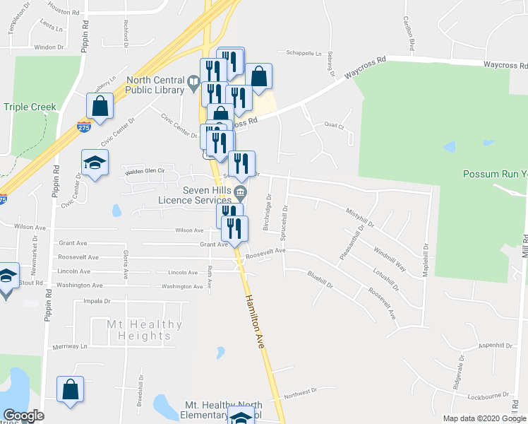 map of restaurants, bars, coffee shops, grocery stores, and more near 10897 Birchridge Drive in Cincinnati