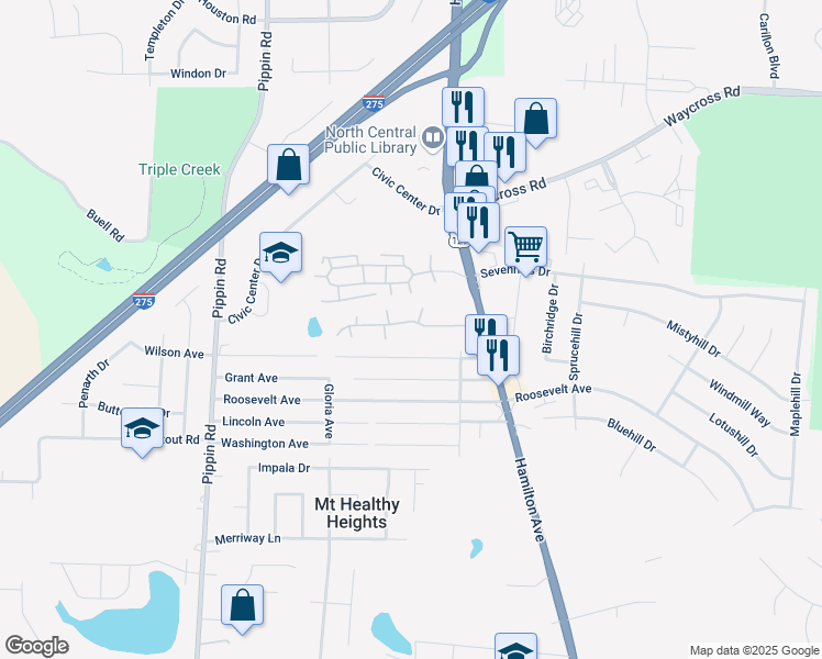 map of restaurants, bars, coffee shops, grocery stores, and more near 2325 Hidden Meadows Drive in Cincinnati