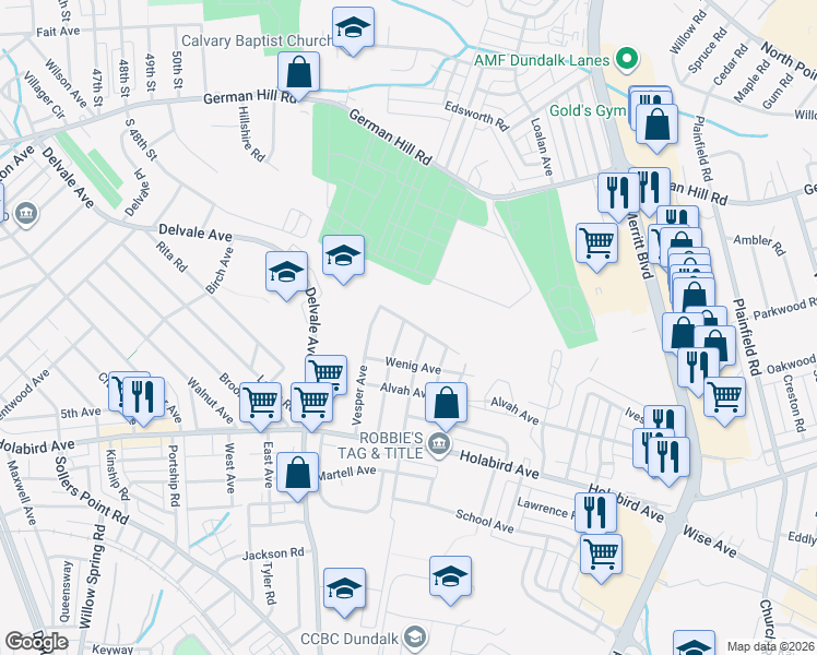 map of restaurants, bars, coffee shops, grocery stores, and more near 1409 Stengel Avenue in Dundalk