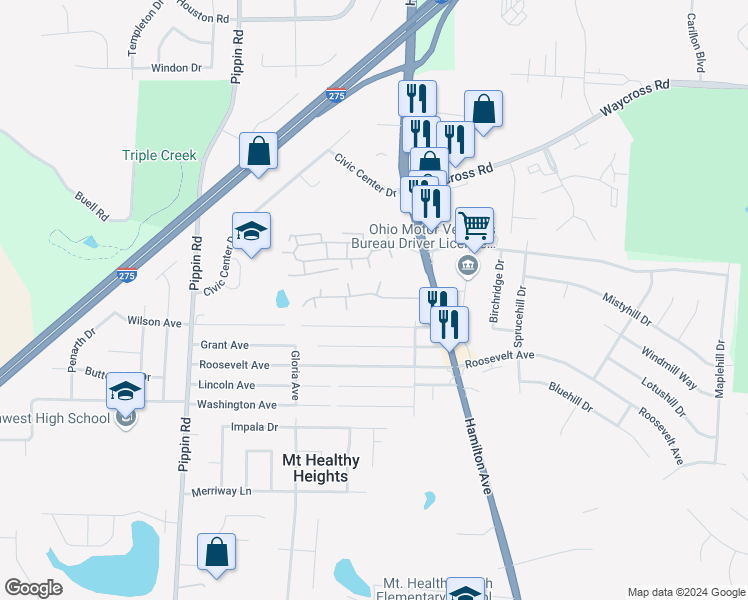 map of restaurants, bars, coffee shops, grocery stores, and more near 2325 Hidden Meadows Drive in Cincinnati