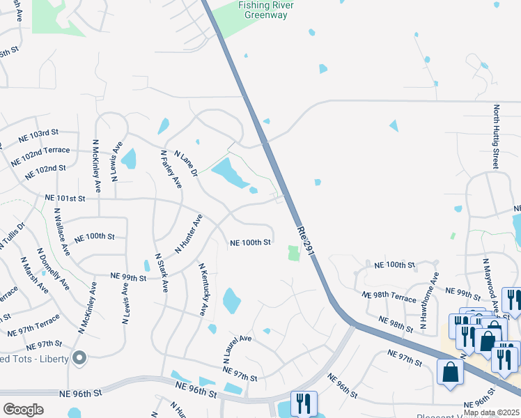 map of restaurants, bars, coffee shops, grocery stores, and more near 9031 Northeast 101st Street in Kansas City