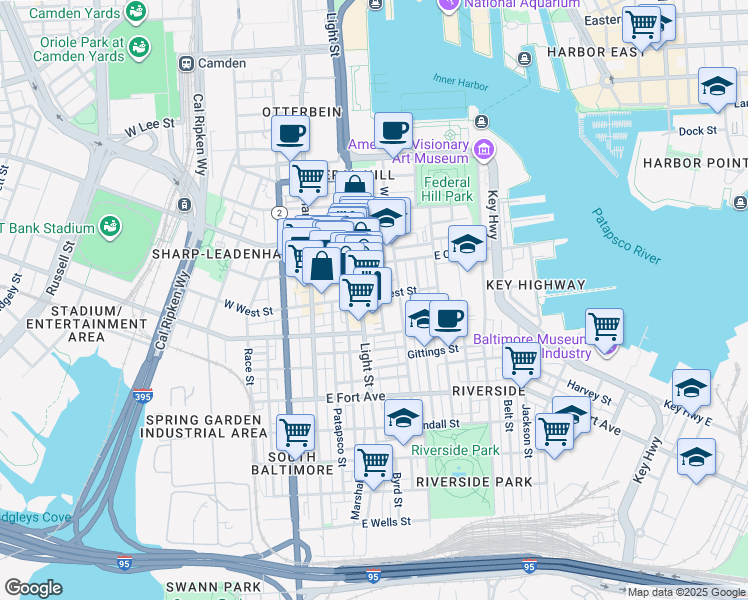 map of restaurants, bars, coffee shops, grocery stores, and more near 109 East West Street in Baltimore