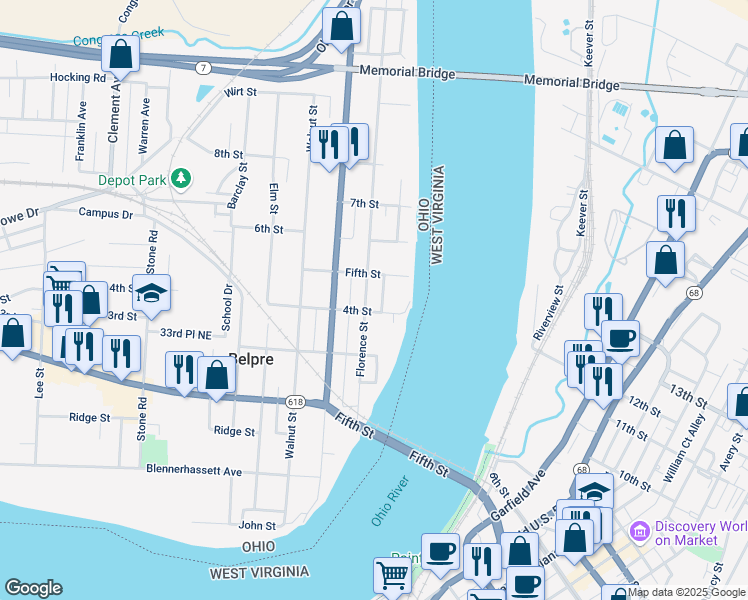 map of restaurants, bars, coffee shops, grocery stores, and more near 412 Oneal Street in Belpre