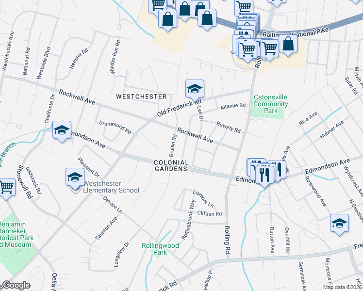 map of restaurants, bars, coffee shops, grocery stores, and more near 312 Waveland Road in Catonsville