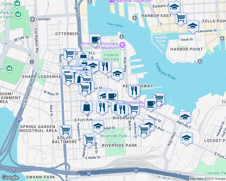 map of restaurants, bars, coffee shops, grocery stores, and more near 410 Sanders Street in Baltimore